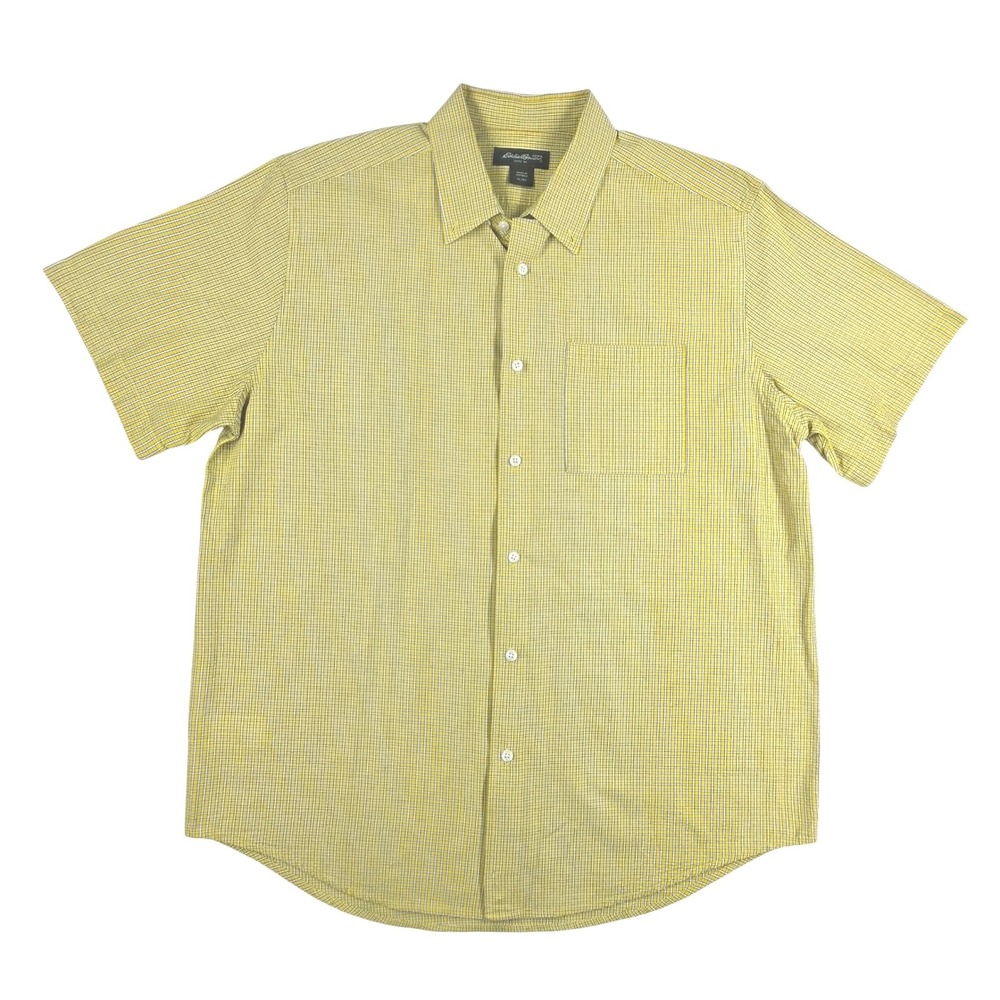 Eddie Bauer Mens XL Short Sleeve Button Down Shirt Yellow White Plaid SU7128